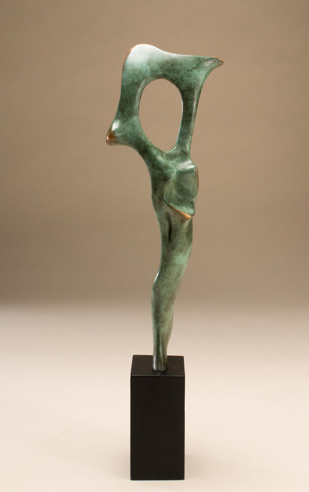 Abstract bronze sculpture of Bone form by sculptor Nicola Godden, displayed on plinth