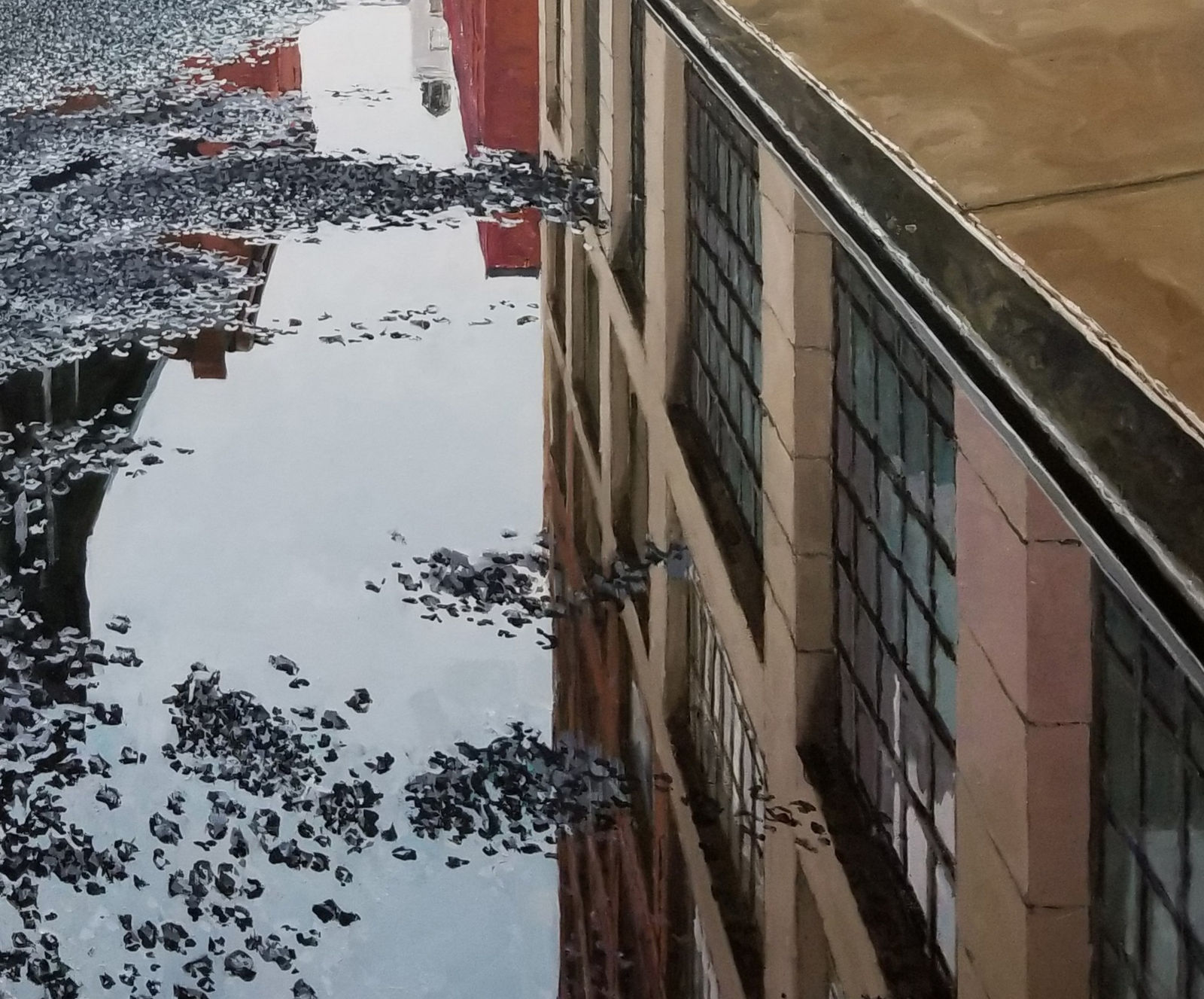 View from ground of puddle on Collister street reflecting grey sky