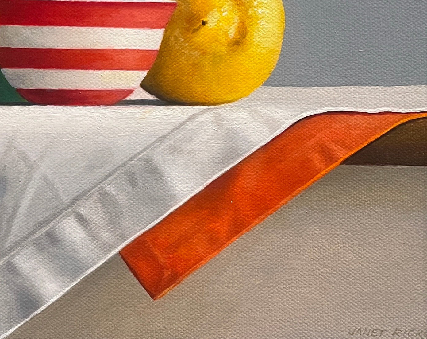 Detail of Lemons with light green bowl, stack of striped bowls, and small bowls