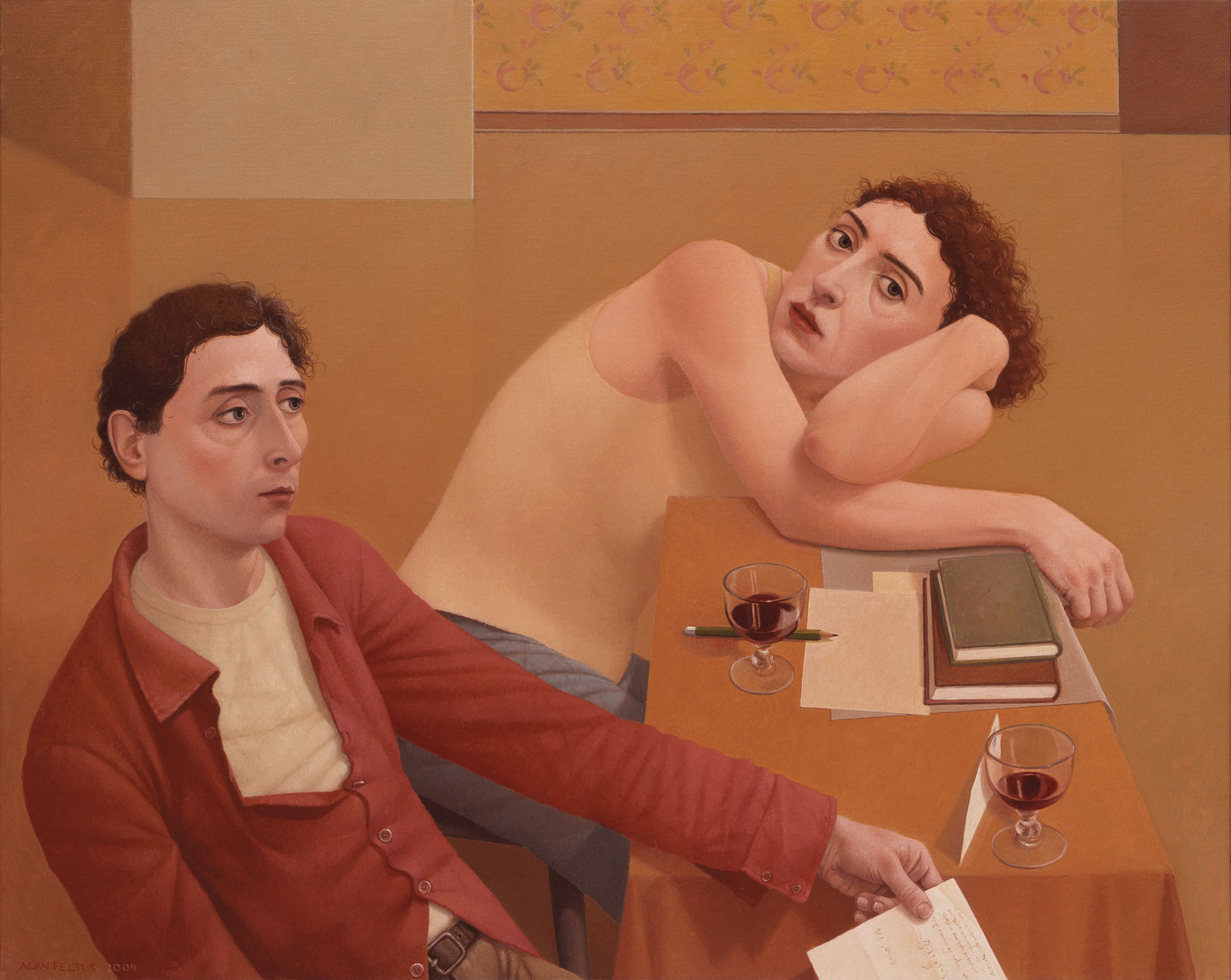 Painting of a man and woman at a table drinking wine