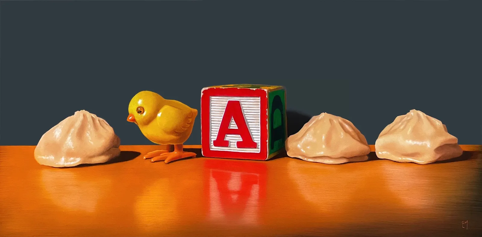 Painting of dumplings, a toy chick, and a letter block