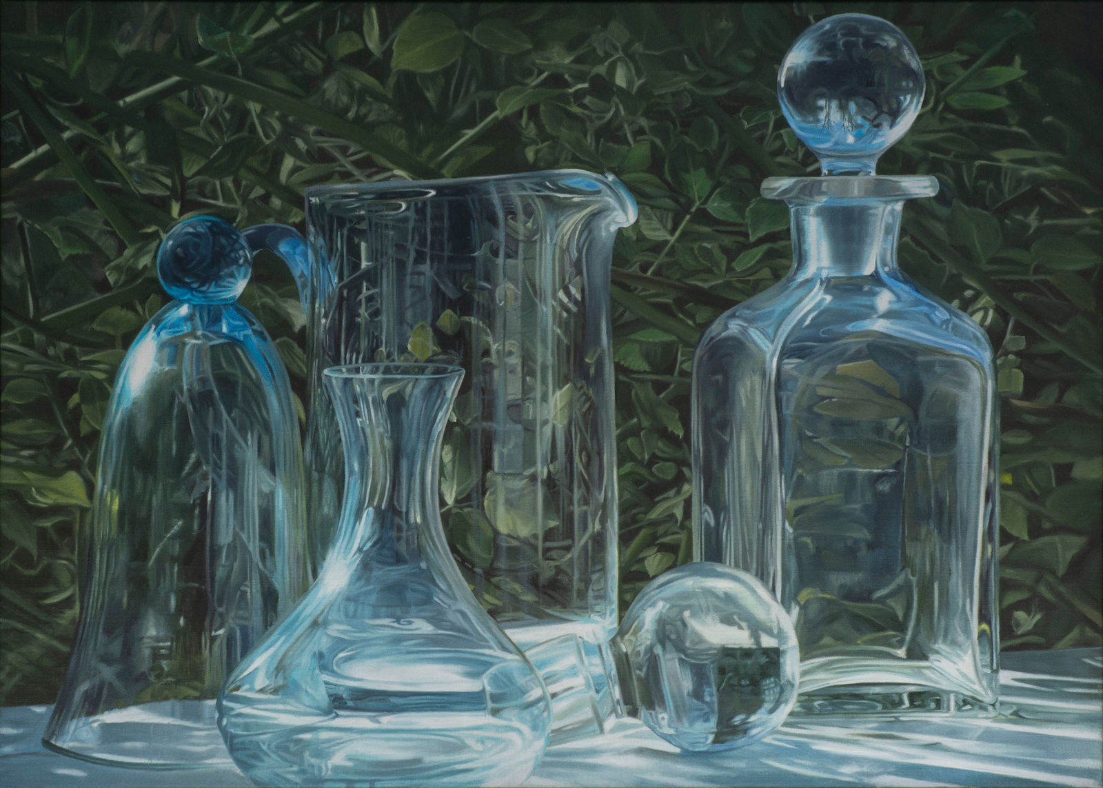 Oil painting of 4 glass vessels before foliage on linen