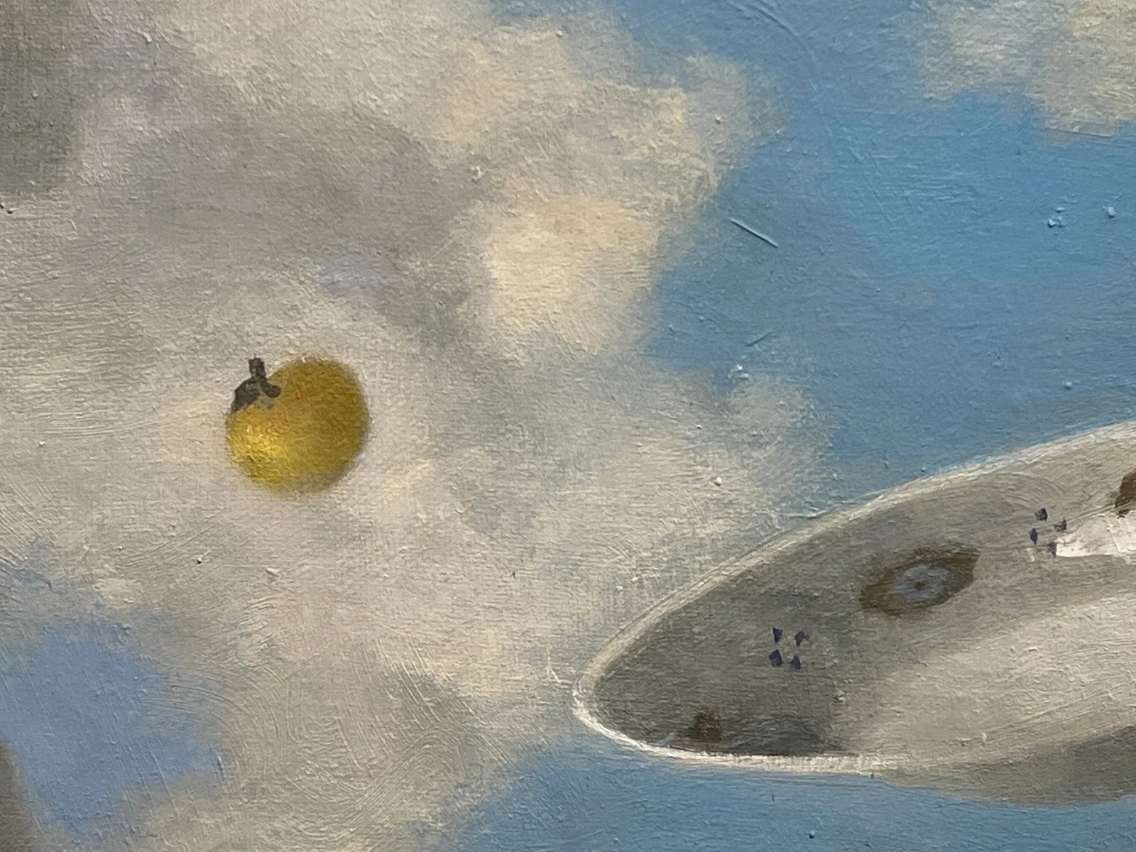 Olga Antonova FLYING STILL LIFE, 2022 Oil on Canvas 22 x 22 in. 55.9 x 55.9 cm. (OA-740) - Teacups depicted floating in a sky full of clouds.