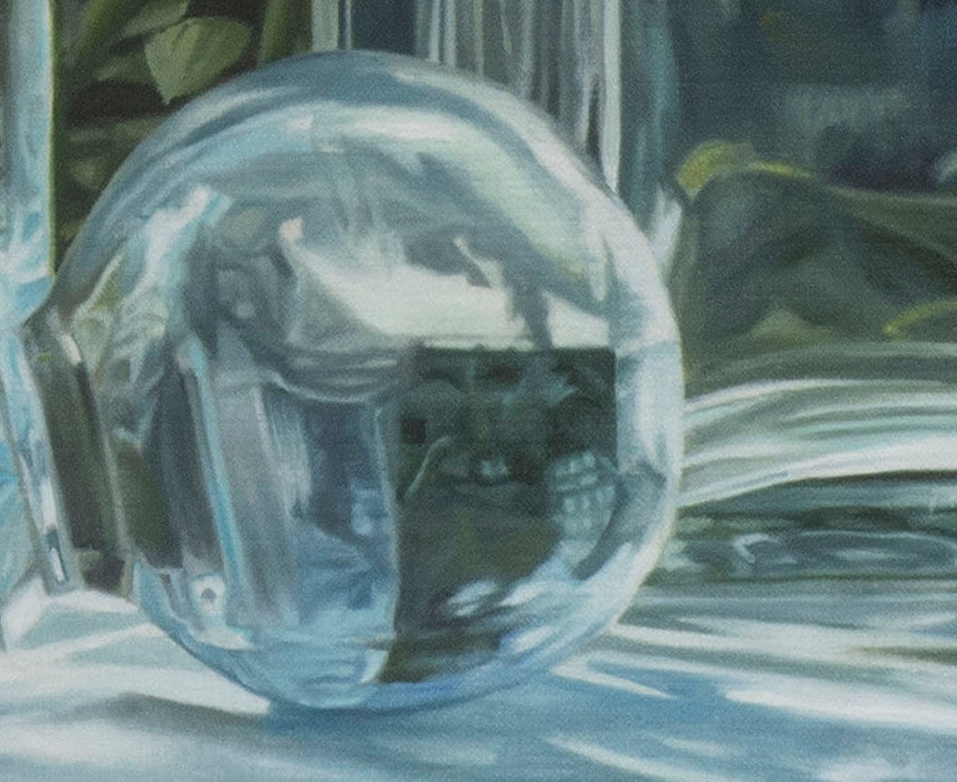 Oil painting of 4 glass vessels before foliage on linen