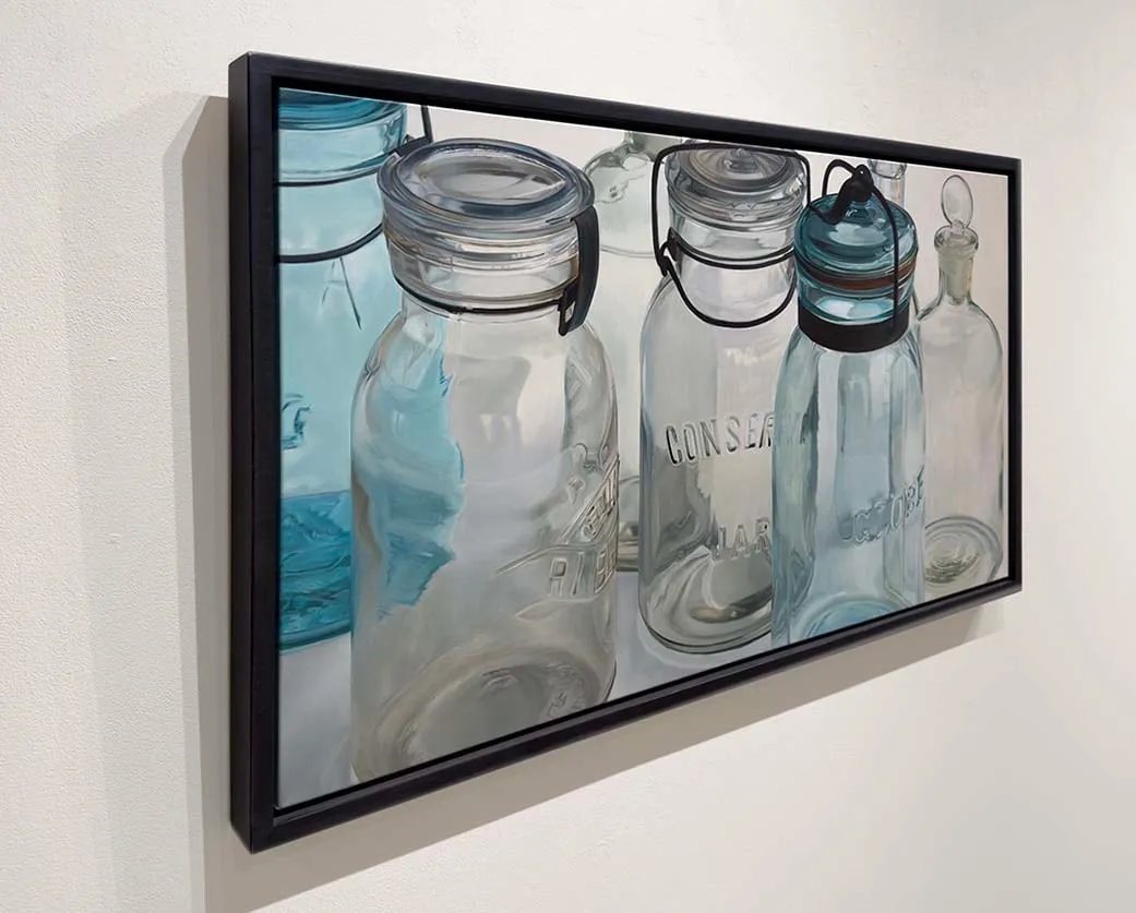 Oil painting of 4 clear glass vessels on white table cloth on linen