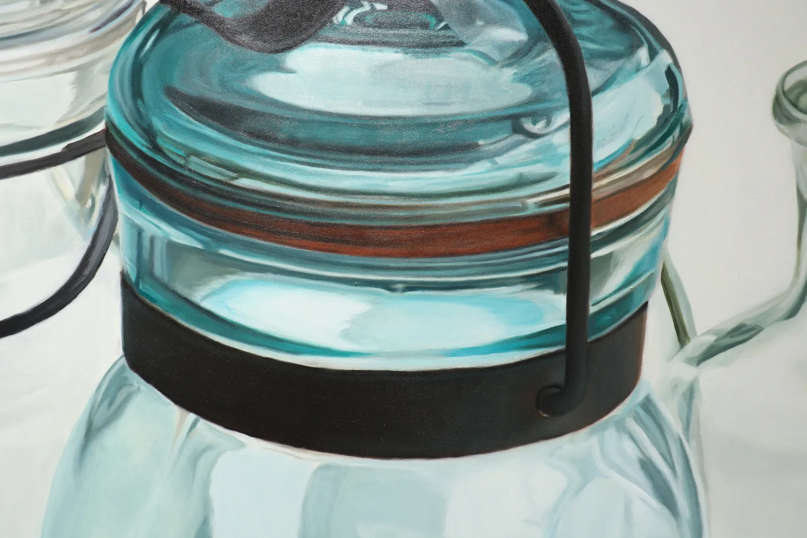 Oil painting of 4 clear glass vessels on white table cloth on linen