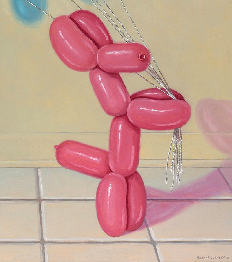 Standing pink balloon dog holds a string connected to 6 other colored balloon dogs floating like regular balloons behind the one.