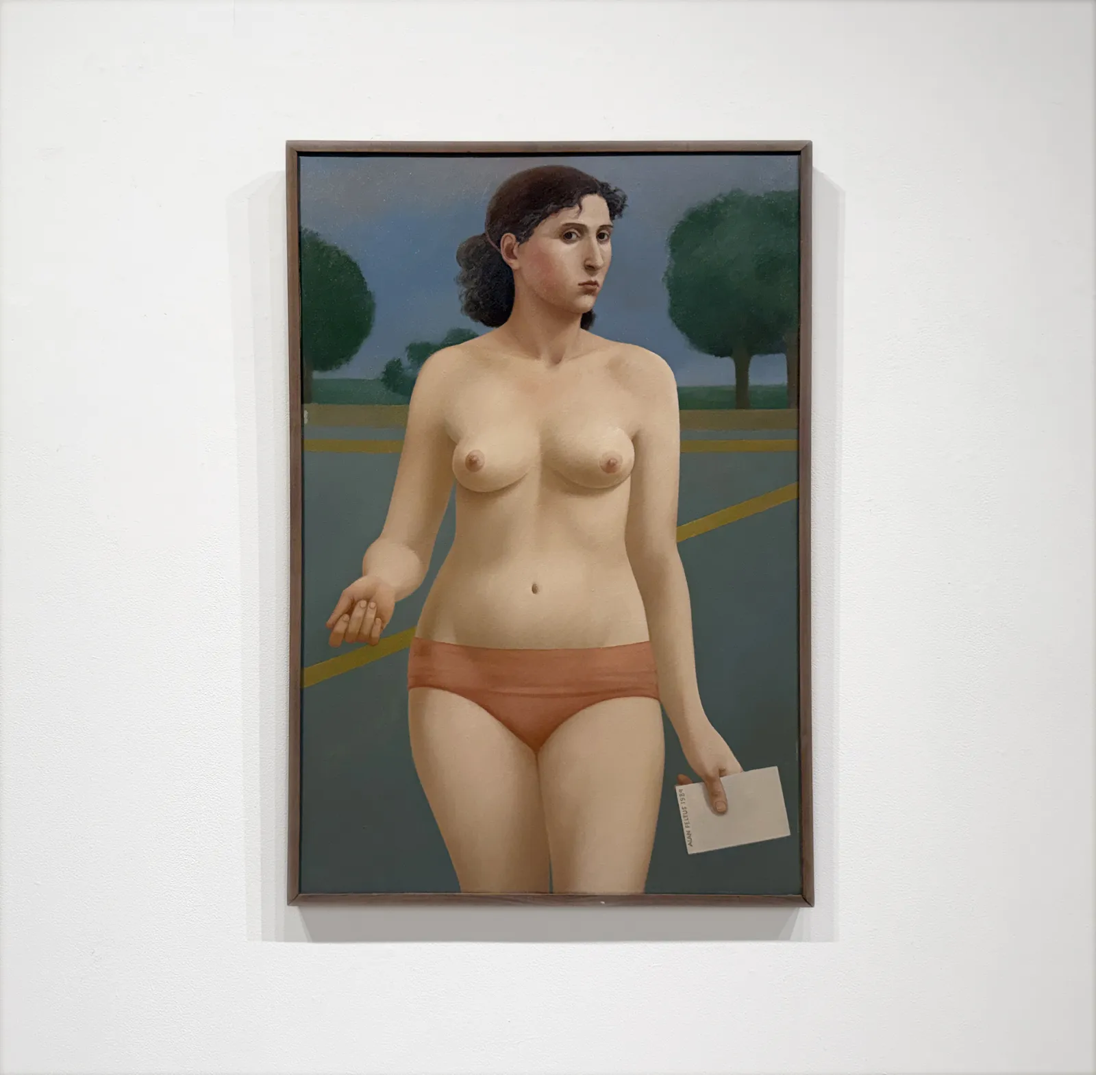 Nude painting of a woman in a parking lot