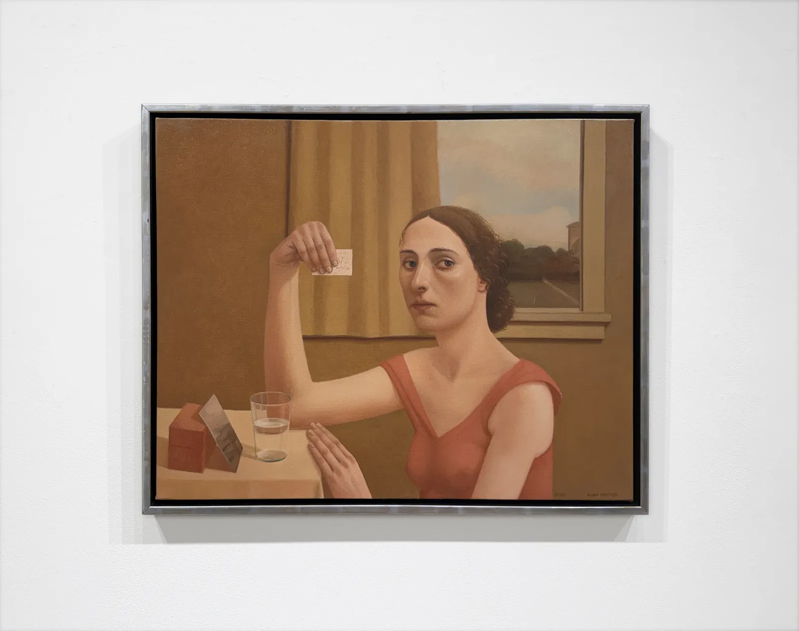 Painting of a woman holding up a piece of paper