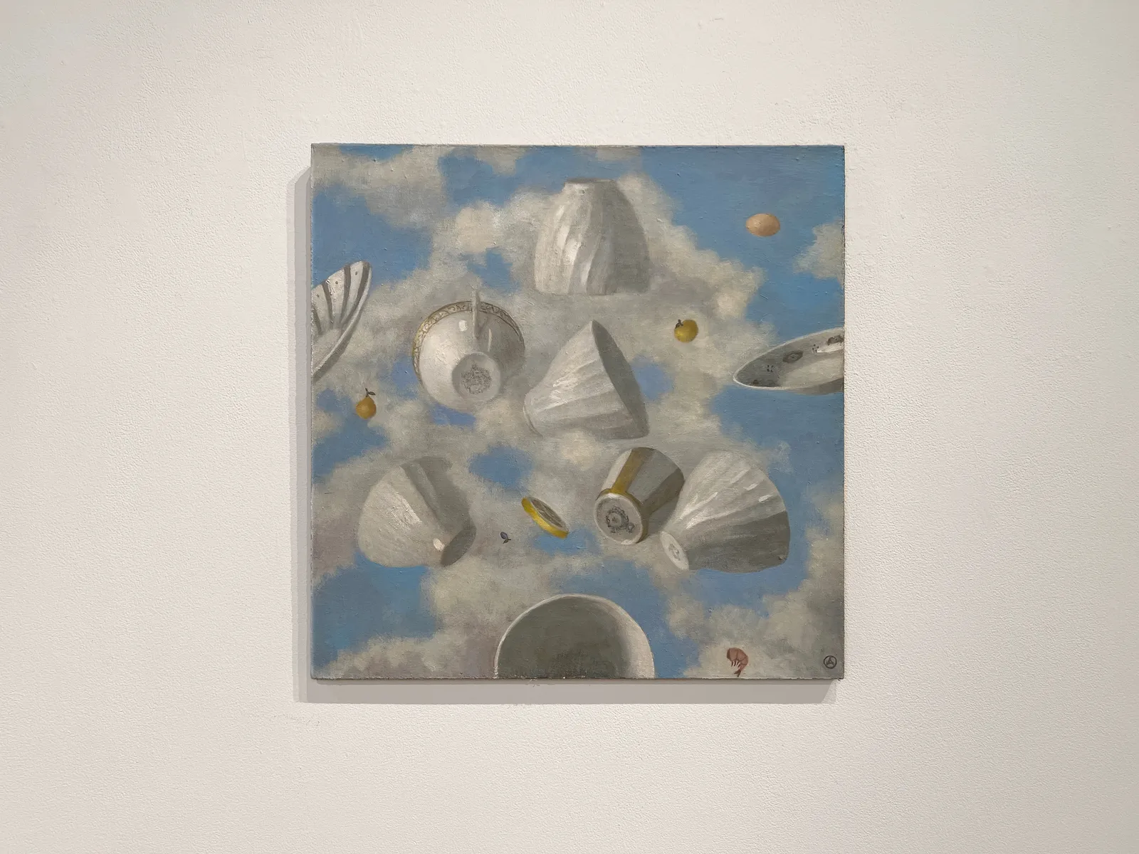 Olga Antonova FLYING STILL LIFE, 2022 Oil on Canvas 22 x 22 in. 55.9 x 55.9 cm. (OA-740) - Teacups depicted floating in a sky full of clouds.
