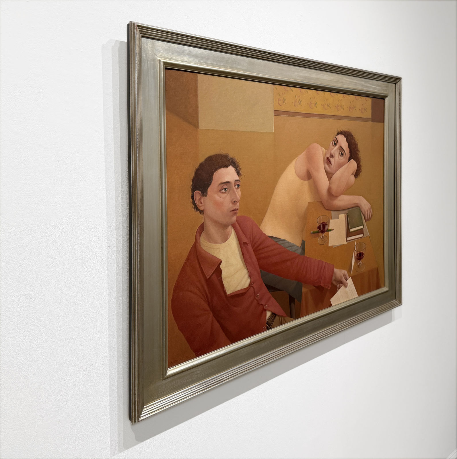 Painting of a man and woman at a table drinking wine