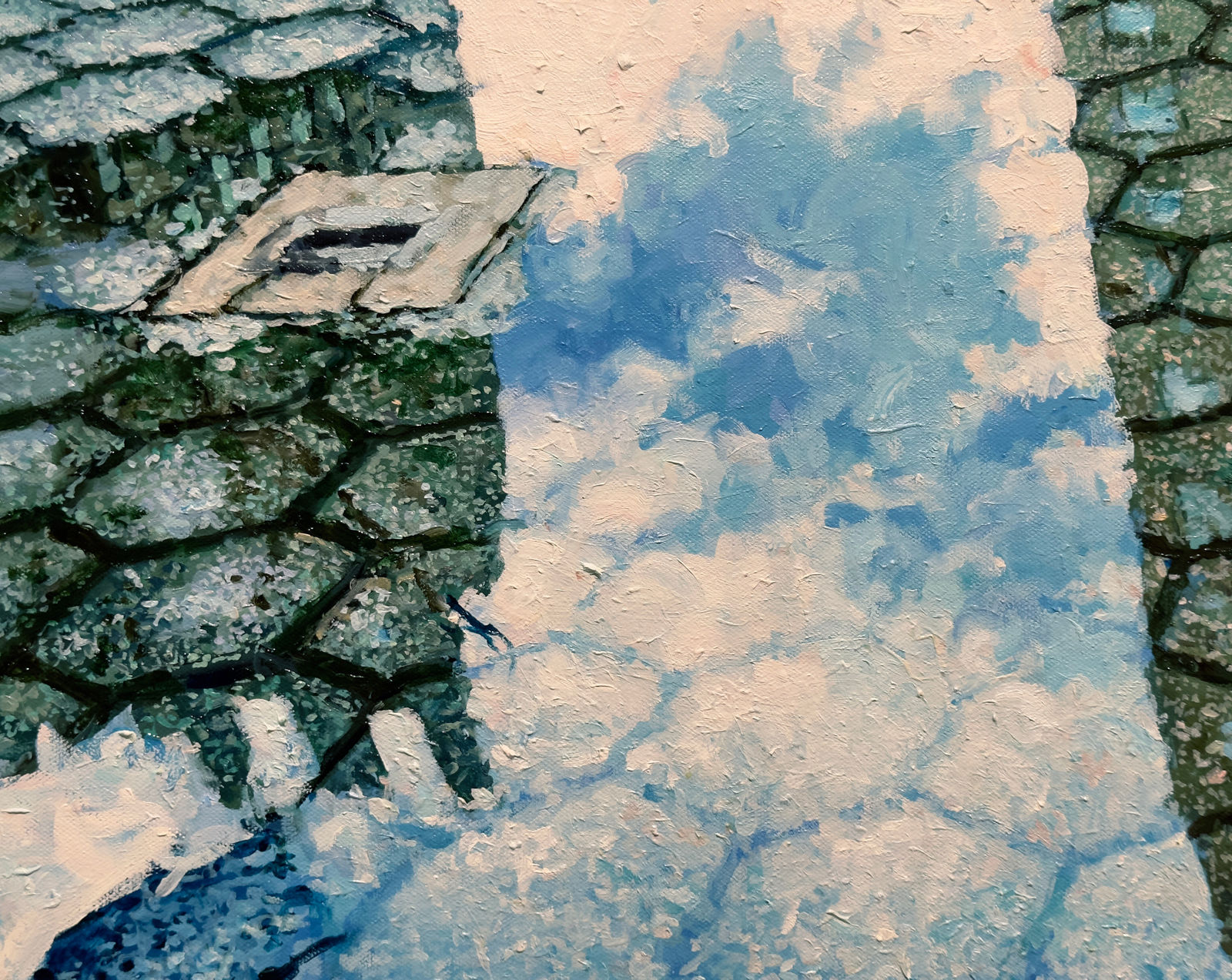 Painting of a puddle with building reflecting in it