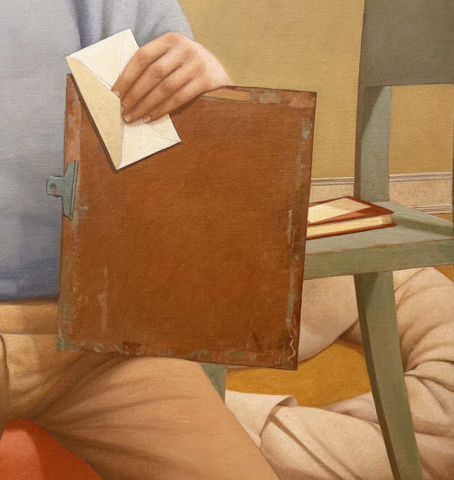 Self portrait painting with blue shirt