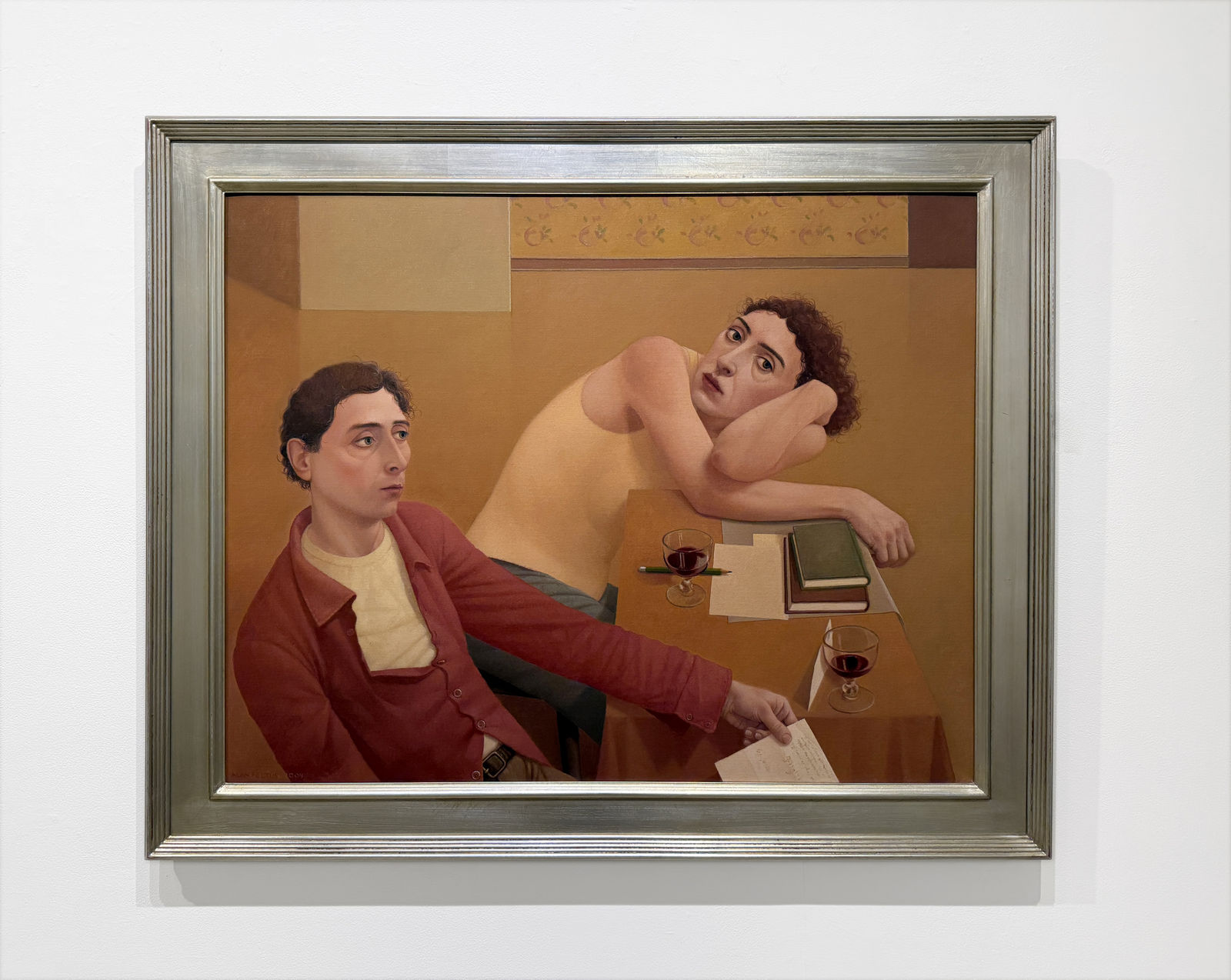 Painting of a man and woman at a table drinking wine