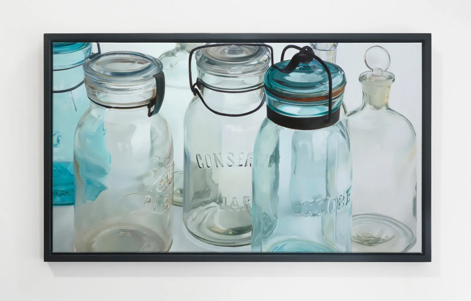 Oil painting of 4 clear glass vessels on white table cloth on linen