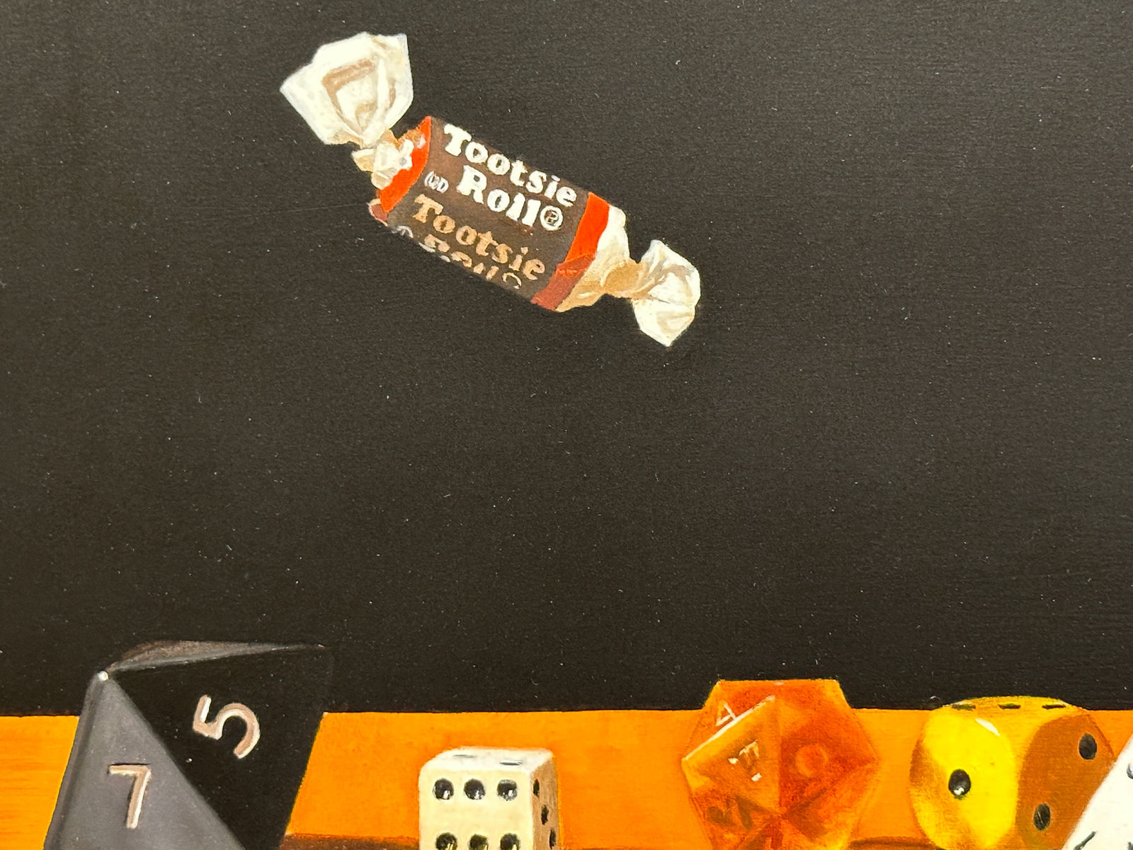 painting of bowling figurine with tootsie roll candies and assorted dies