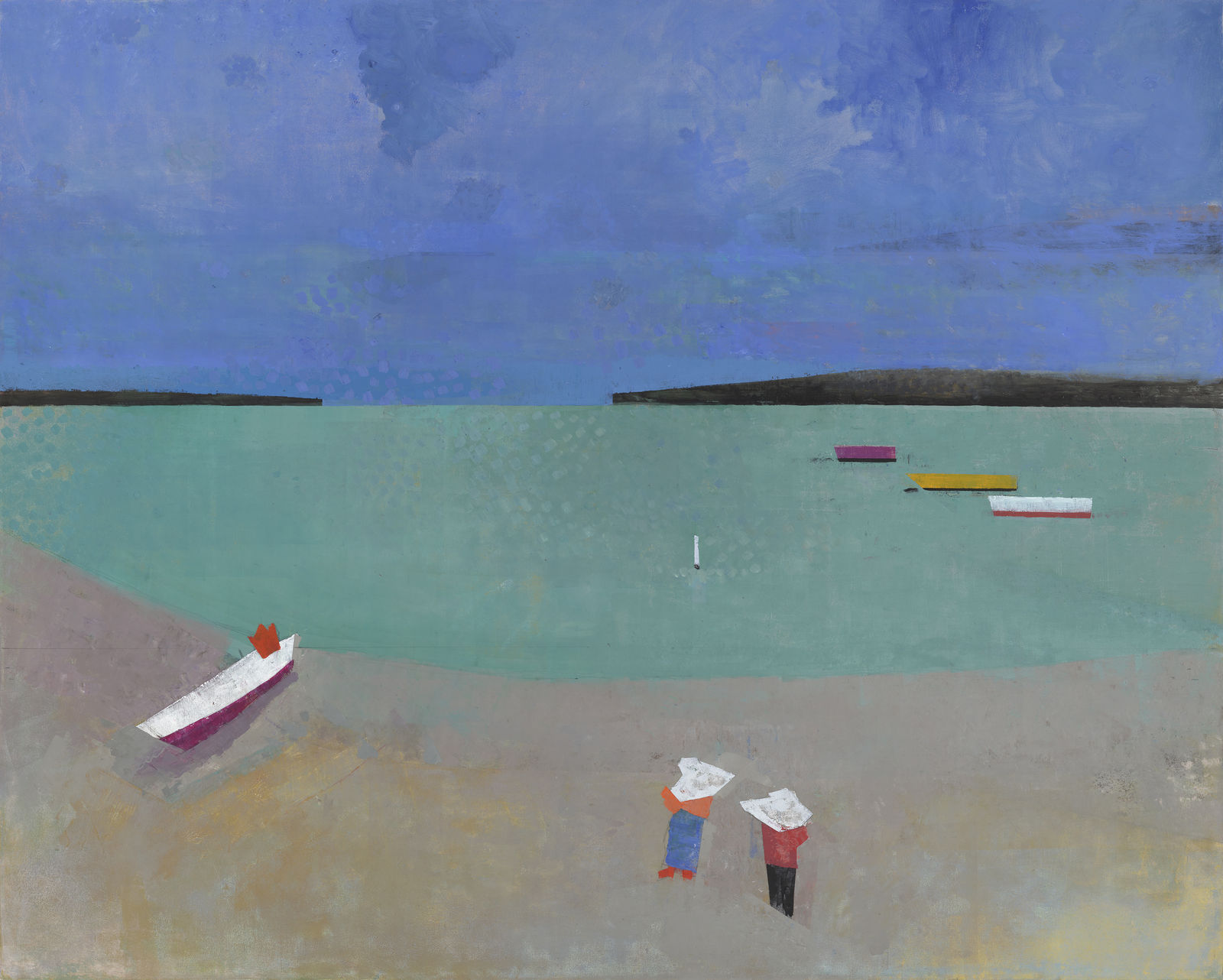 painting of an abstract beach with boats and 2 children