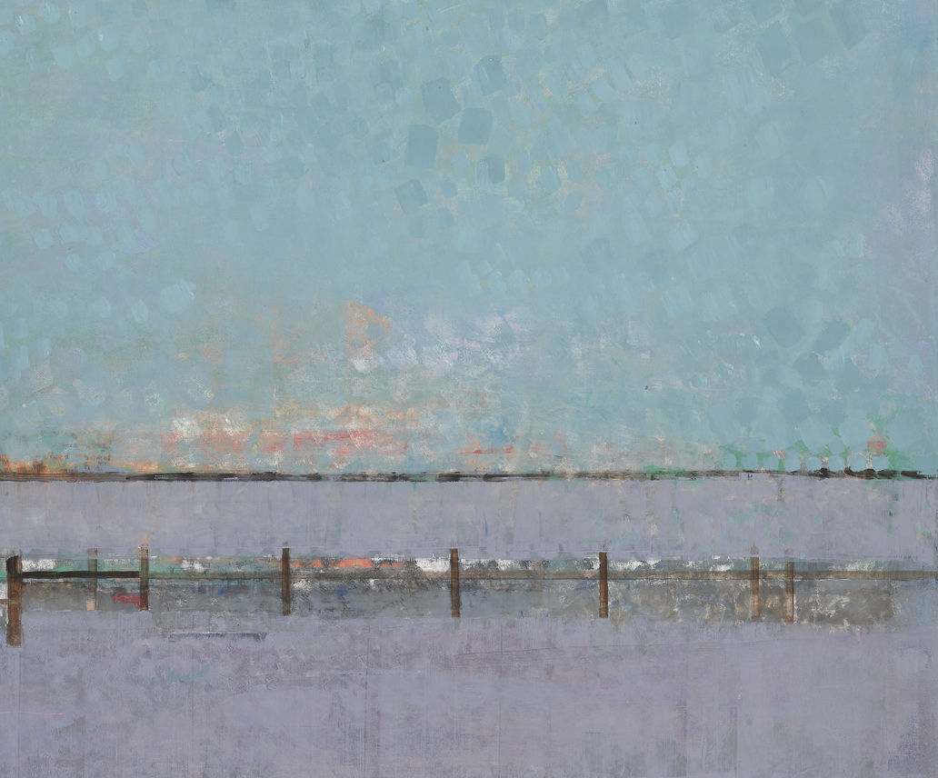 Abstracted painting of a harbor scene