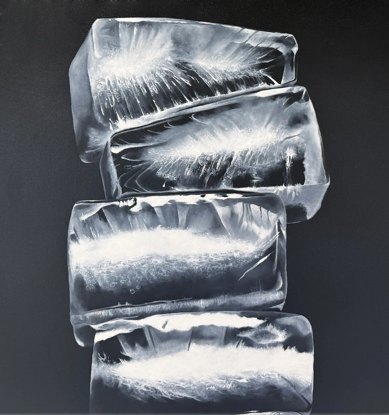 Painting of ice cubes in front of a black background