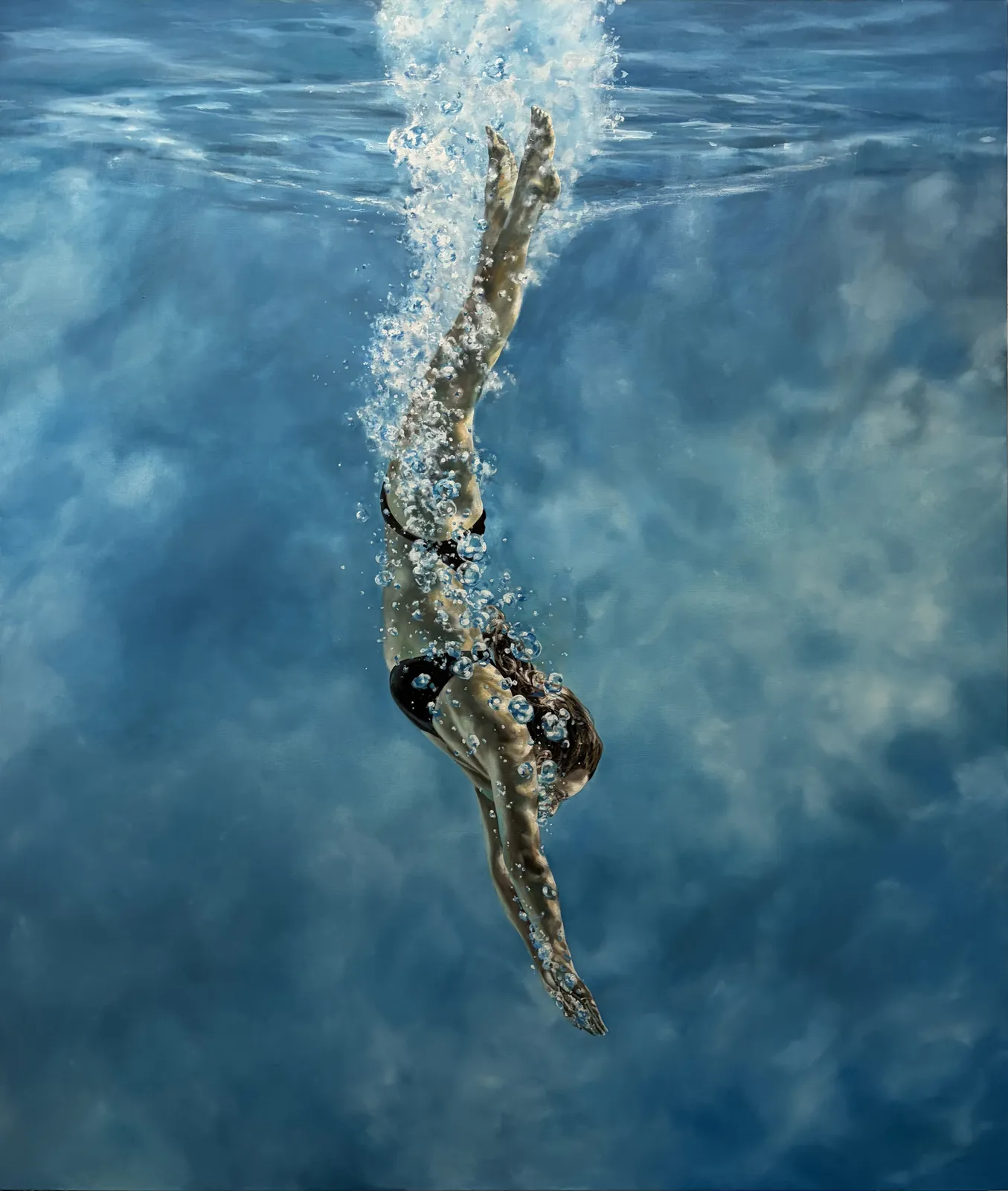 Contemporary figurative painting by Eric Zener depicting a female swimmer underwater, surrounded by air bubbles and blue water, capturing movement, light, and immersion. This photorealistic painting explores the human figure in water, a signature subject in Zener’s contemporary realism and swimming series.