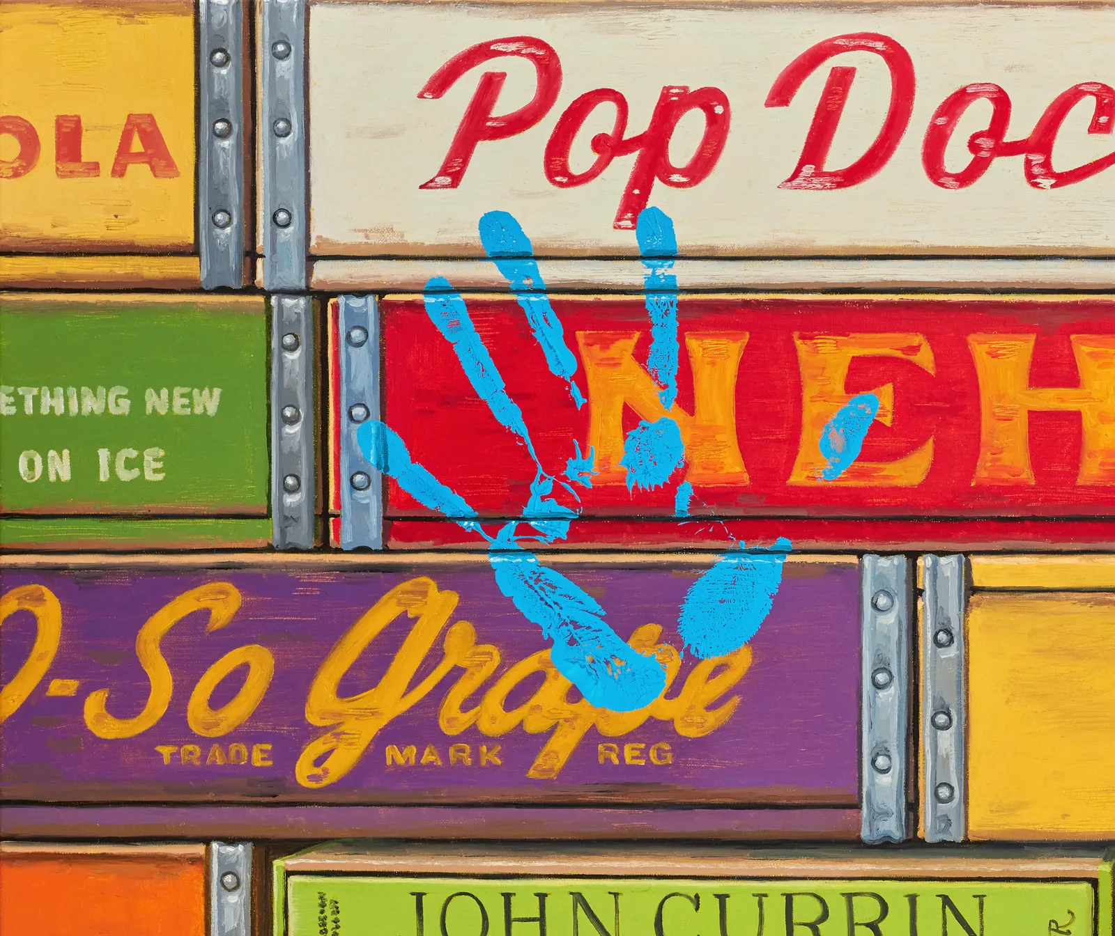 Detail of blue hand print on soda boxes