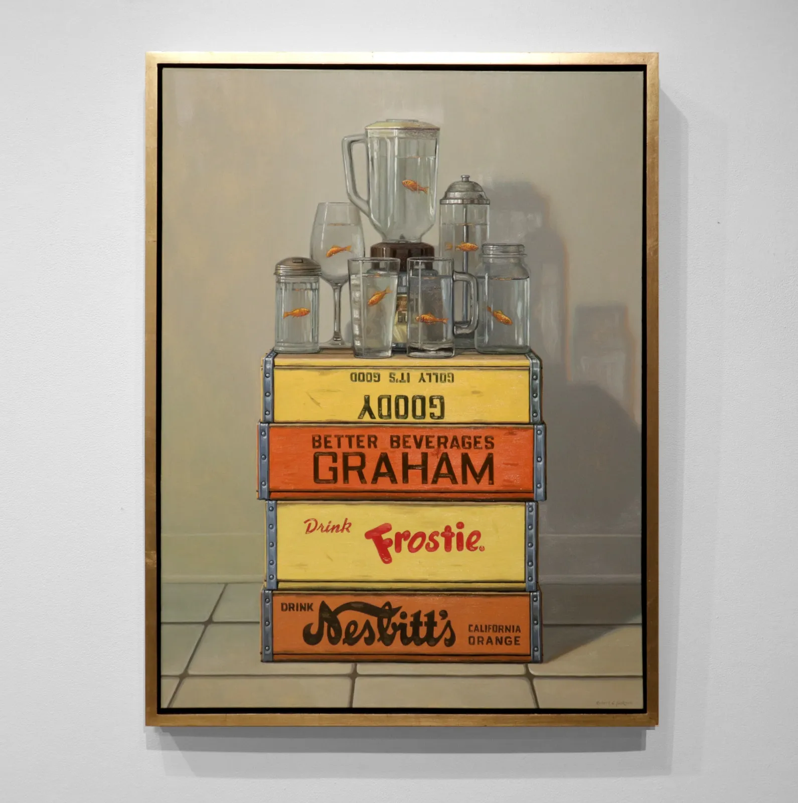 Goldfish in different drinking vessels on yellow and orange soda boxes