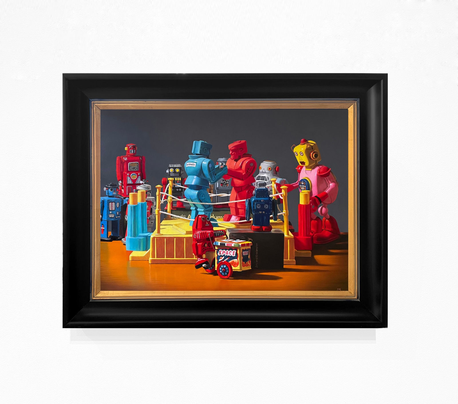 Rock-em Sock-em robots fight with other robot toys watching