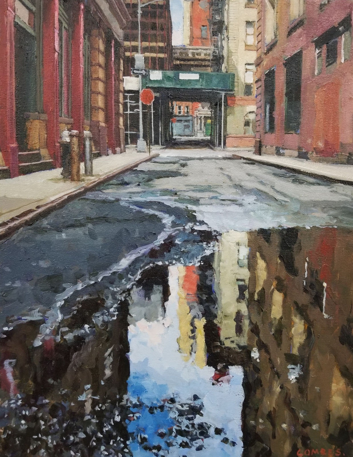 Painting of City Street with Puddle