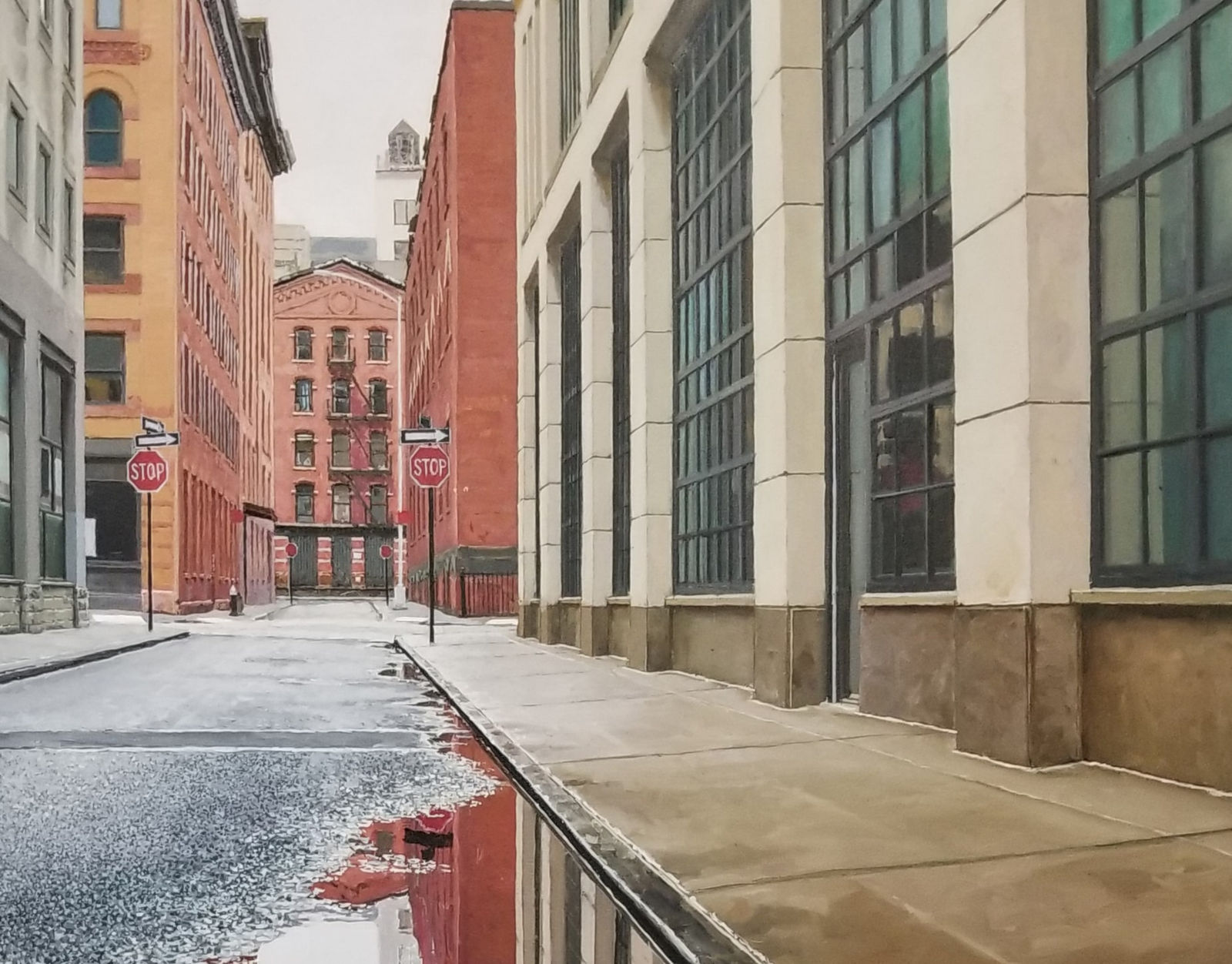View from ground of puddle on Collister street reflecting grey sky