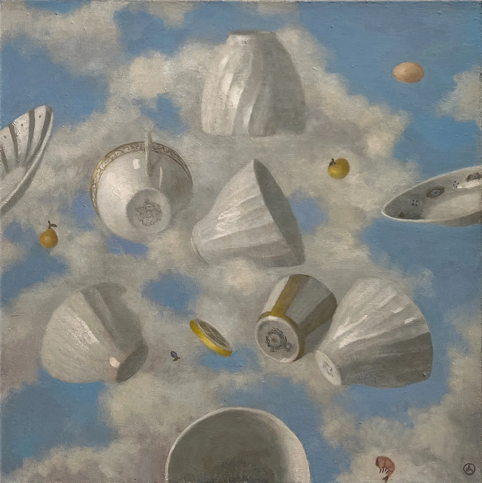 Olga Antonova FLYING STILL LIFE, 2022 Oil on Canvas 22 x 22 in. 55.9 x 55.9 cm. (OA-740) - Teacups depicted floating in a sky full of clouds.