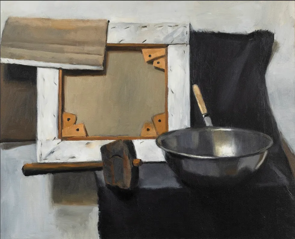 Evan Salmon, Still Life with Mallet and Metal Bowl, 2025