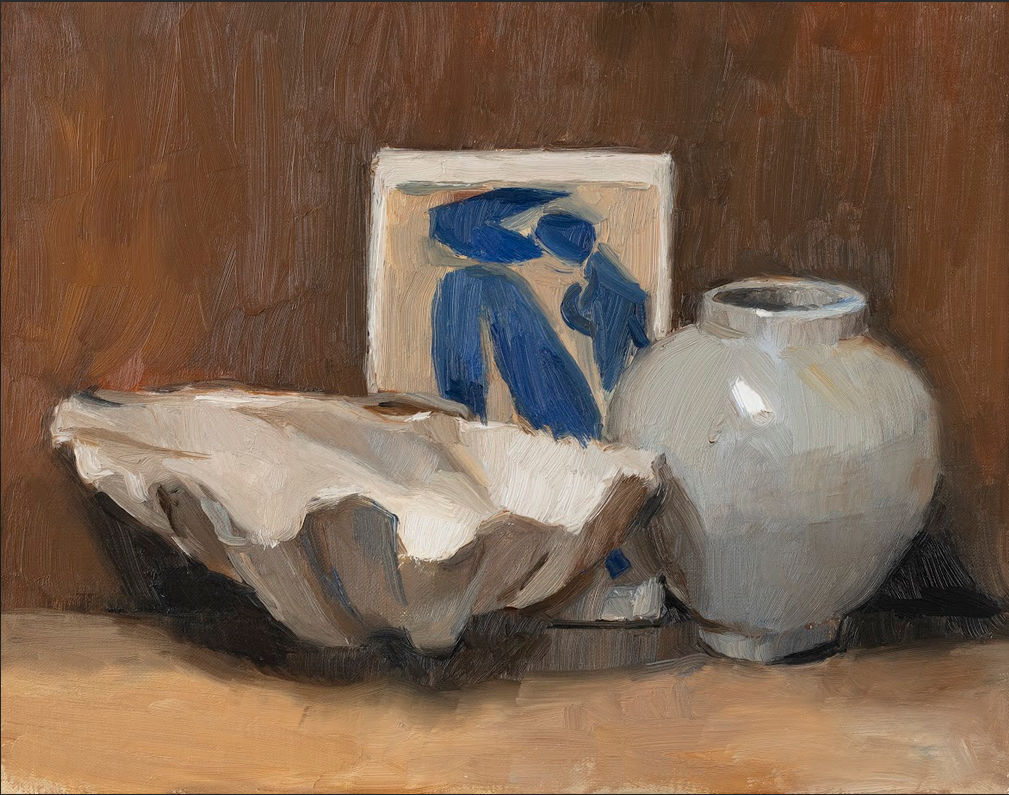 Evan Salmon, Still Life with Moon Jar and Matisse Postcard IV, 2025
