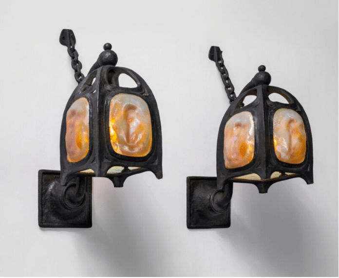 Tiffany Studios, Pair of "Turtle-Back" Lantern Sconces, circa 1902
