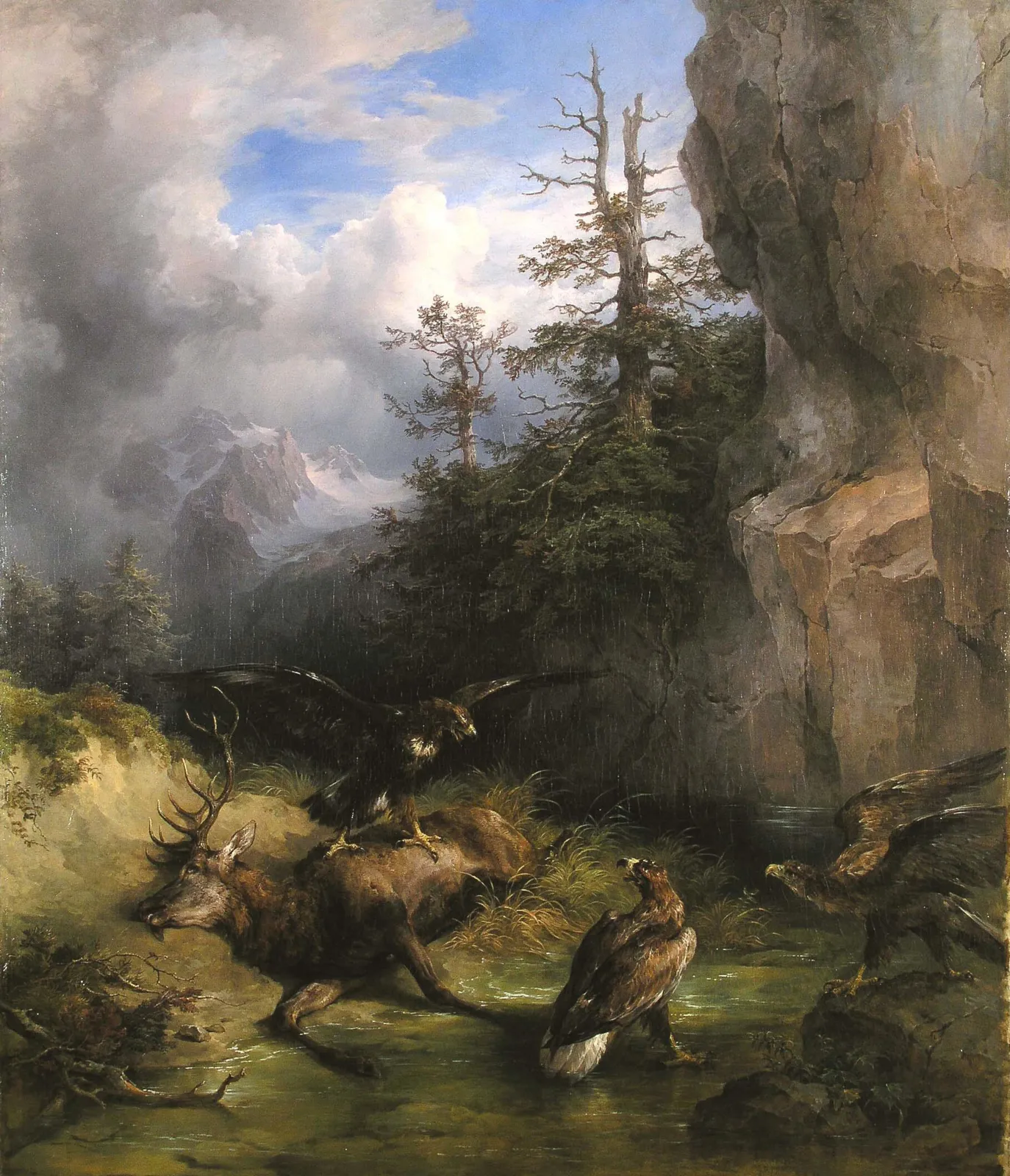 Friedrich Gauermann, "Erlegter Hirsch mit drei Adlern", 1843