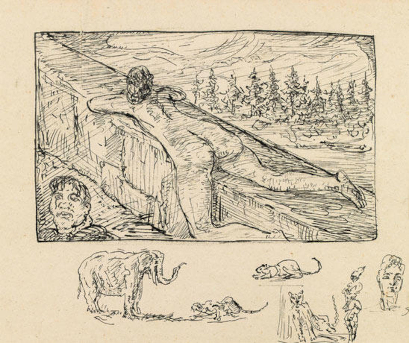 Alfred Kubin, Liegender Rückenakt in Landschaft mit Tierstudien, um 1910