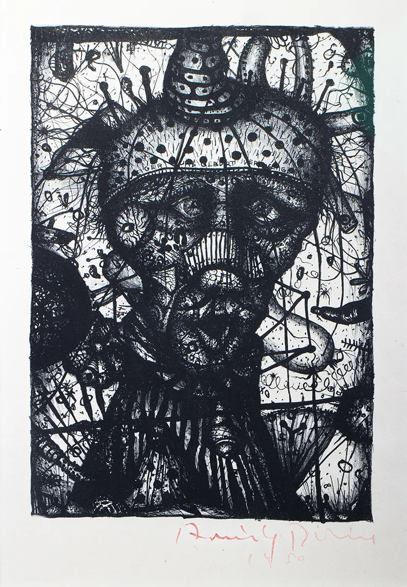 Arnulf Rainer, "Kopf des Tauchers (Verweigert Eure Geburt)" (Blatt 14 aus der Grafikmappe "Cave Canem", herausgegeben von der Hundsgruppe, Wien 1951), 1950