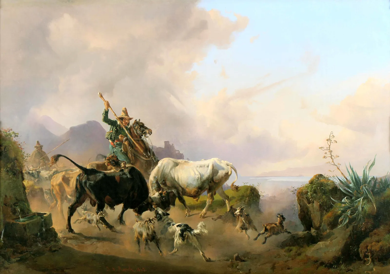 Johann Nepomuk Rauch, Kämpfende Stiere in Campagnalandschaft, 1843
