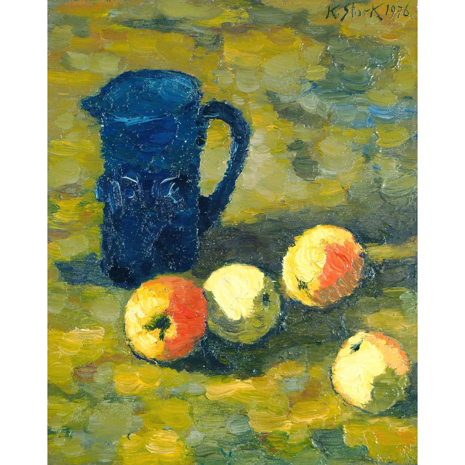Karl Stark, Dunkelblauer Glaskrug mit Äpfeln, 1976