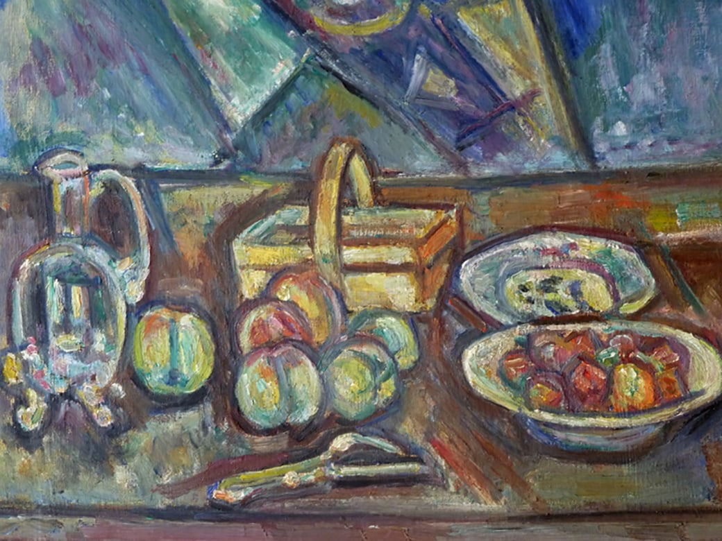 PINCHUS KRÉMÈGNE, Still Life with Basket, Jug and Fruits, circa 1948
