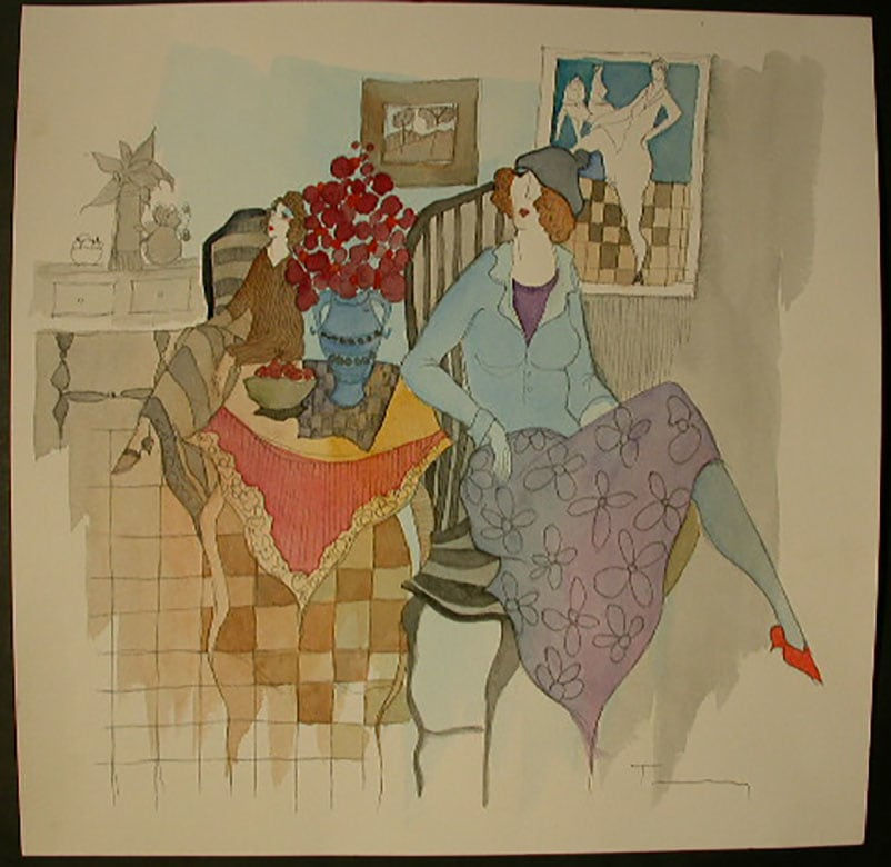 ITZCHAK TARKAY, Interior with Two Women and Flowers