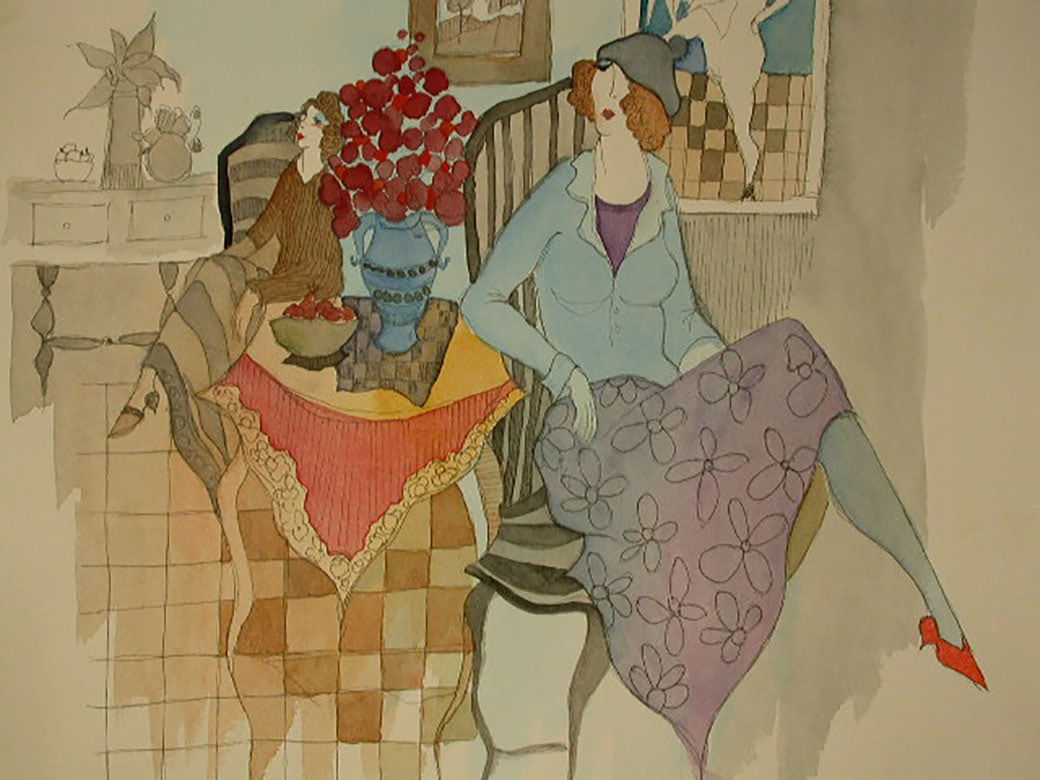 ITZCHAK TARKAY, Interior with Two Women and Flowers