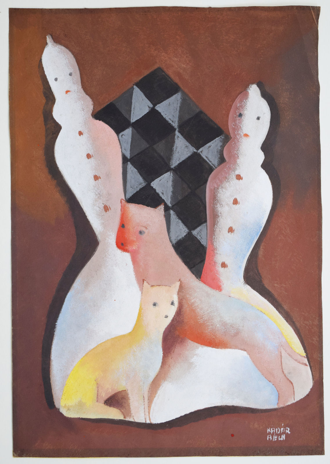 BÉLA KÁDÁR, Cats with Checkerboard, ca. 1930
