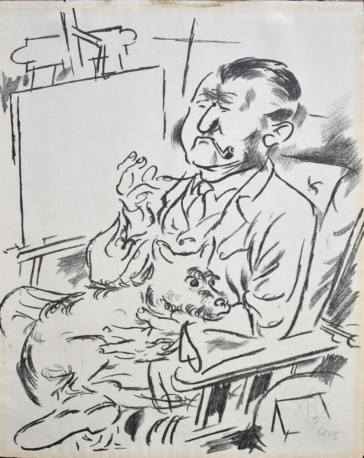 GEORGE GROSZ, Self-Portrait with Dog in Front of the Easel, from: The Creators | Selbstbildnis mit Hund vor der Staffelei, from: Die Schaffenden, 1926