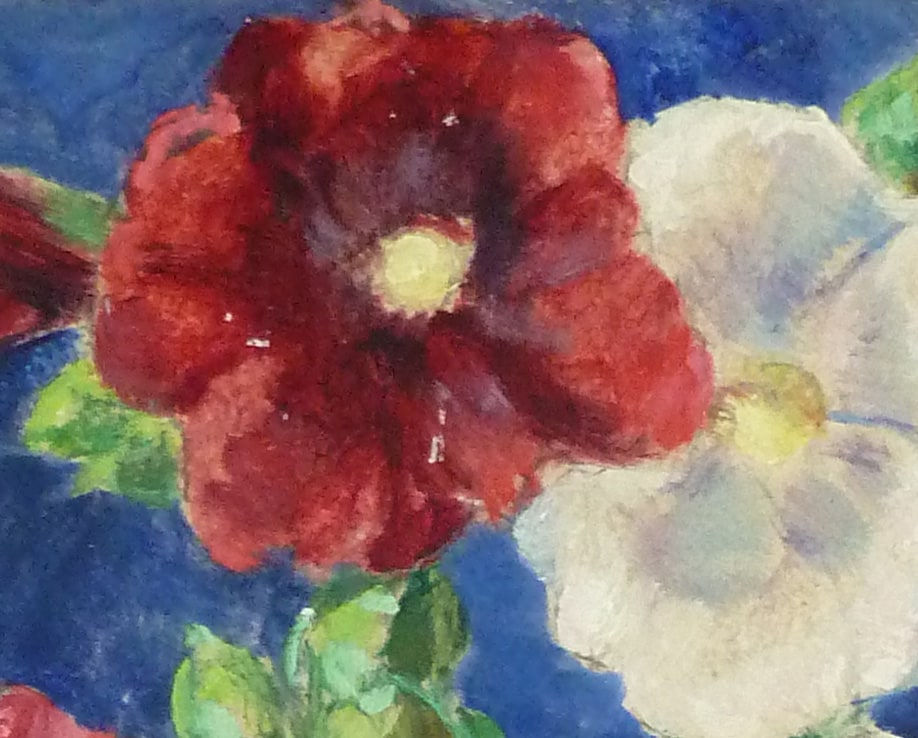 GEORGES DE POGEDAIEFF, Five Hollyhocks and Two Peaches / Cinque Roses Tremières et Deux Pêches, 1966