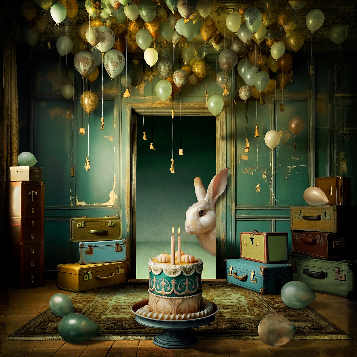 Maggie Taylor surrealist photography birthday party for rabbit white bunny in doorway with two tier cake and candles balloons on ceiling purchase at Gilman contemporary