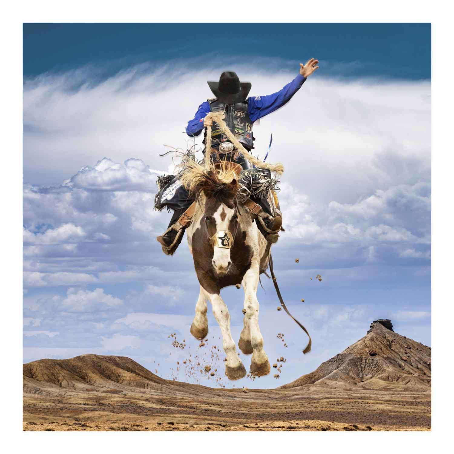 Steve Wrubel cowboy on white and brown horse frontal view available at Gilman Contemporary