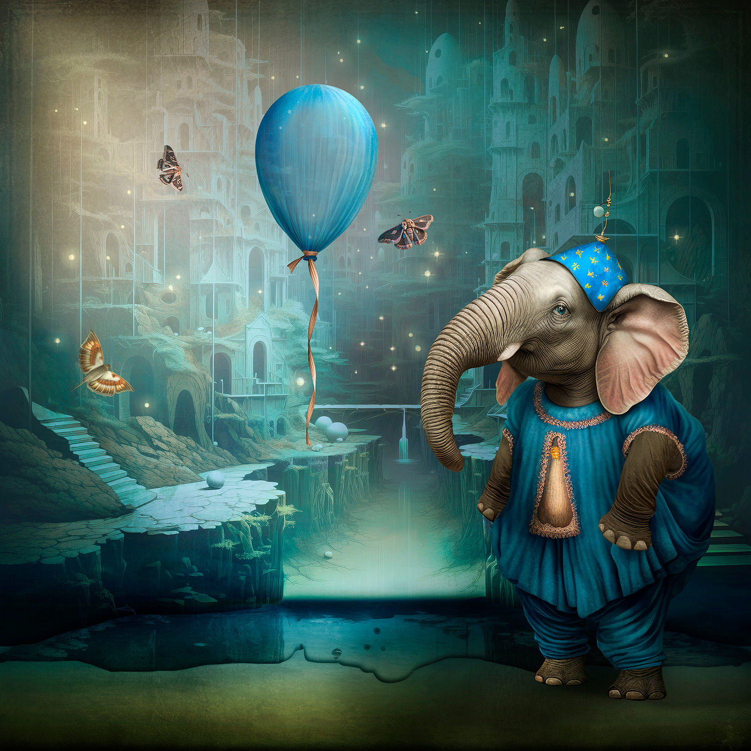 Maggie Taylor surrealist photography elephant with balloon and castle buy gilman contemporary