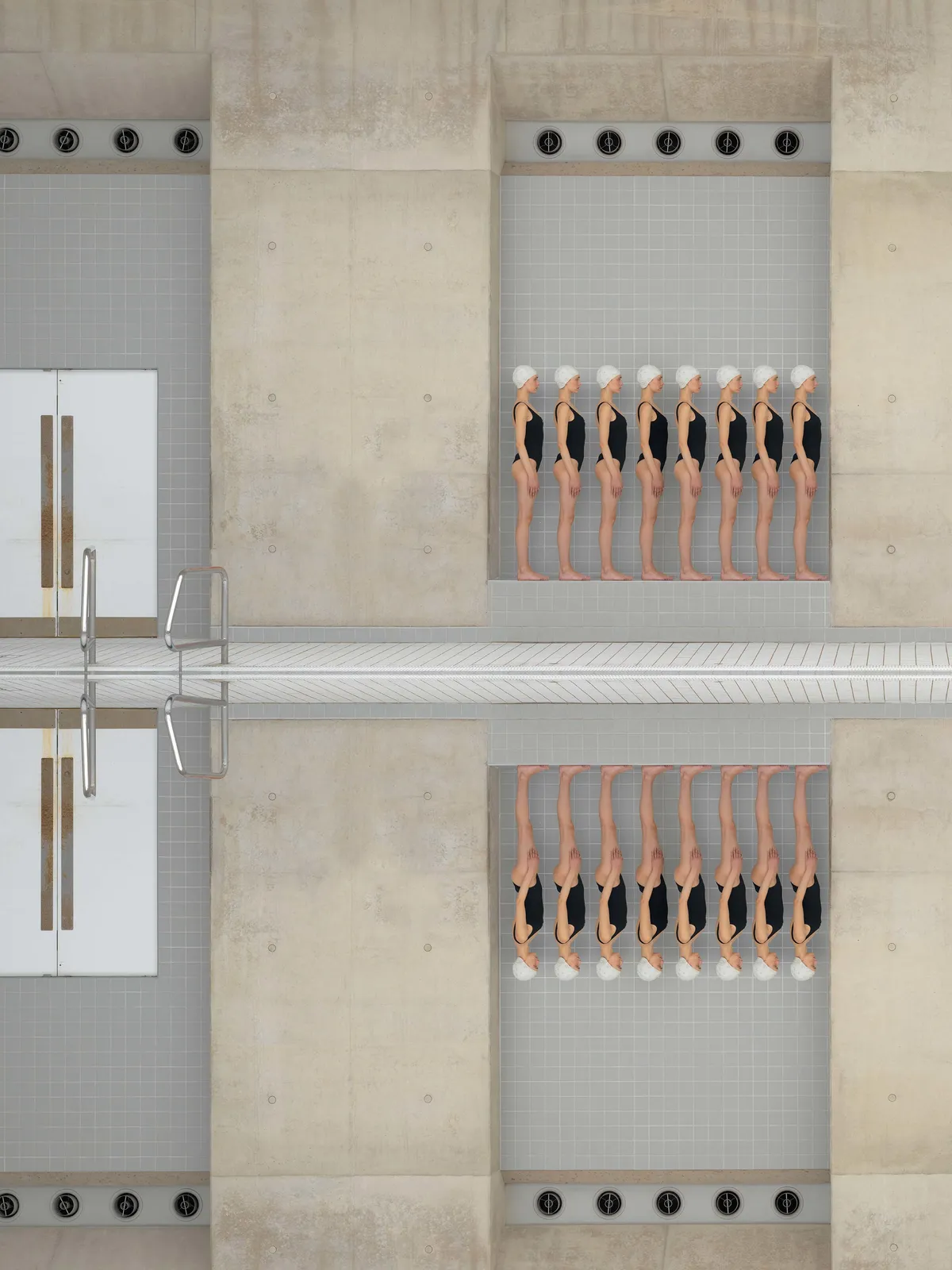 Maria Svarbova photograph Eastern European pool swimmers in black swimsuit and white caps neutral background view at Gilman Contemporary