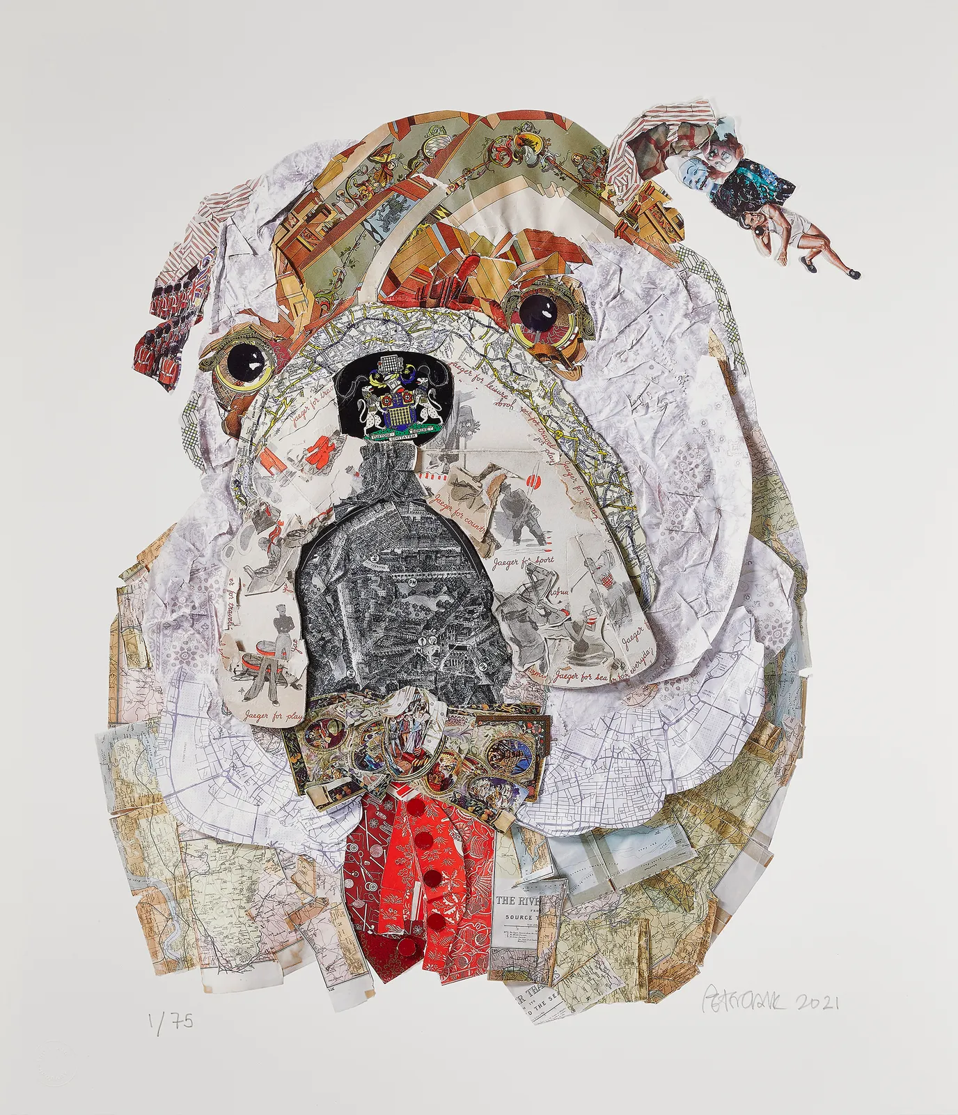 peter clark screenprint and collage of bulldog head