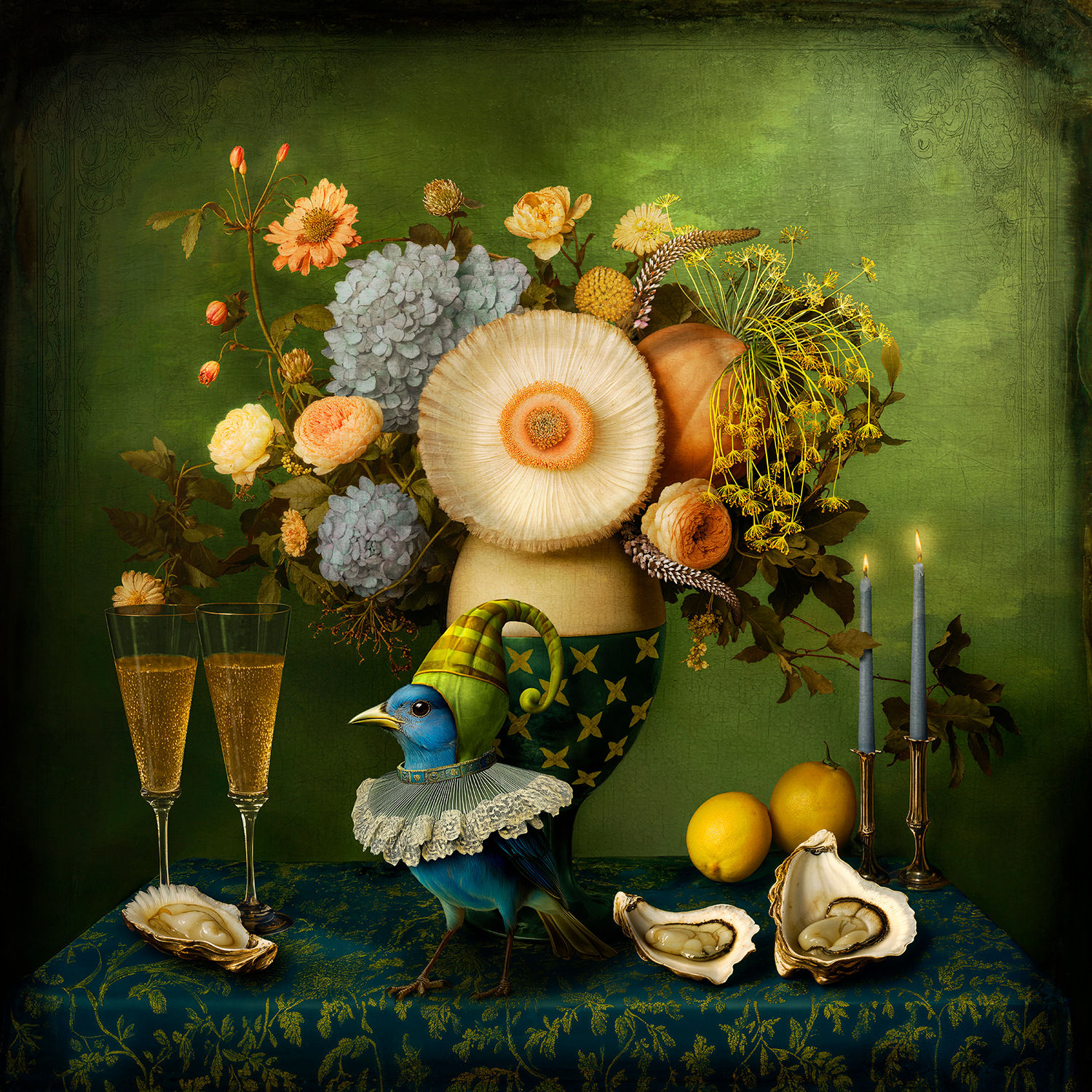 Maggie Taylor Surrealist photography stillive with champagne and oysters available at Gilman Contemporary